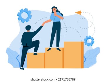 Goal-focused, Increase Motivation, Way To Achieve The Goal, Support And Teamwork, Help In Overcoming Obstacles, Cartoon Illustration