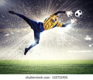 Goalkeeper catches the ball . At the stadium, in the spotlight. - Powered by Shutterstock