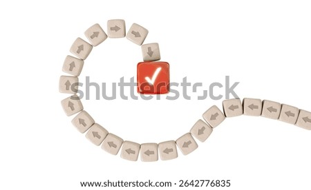 Goal-oriented progression visualized as a series of cubes, each featuring symbolic arrow. Isolated on white background. Long and winding pathway leads to the goal. 3D illustration