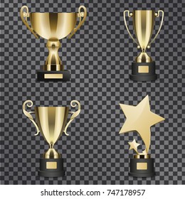 Goblets For Successful Contest Participation And Epic Win  Illustration. Golden Trophy Cups For Outstanding Sport, Music And Acting Achievements Isolated On Black Transparent Background.