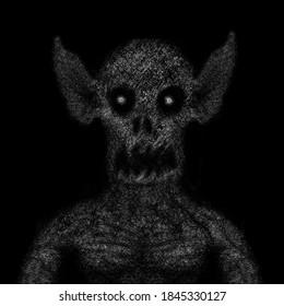 Goblin or imp or mutant, an eared gray creature has no nose, looks straight on a black background, digital painting, concept for suspense and horror.