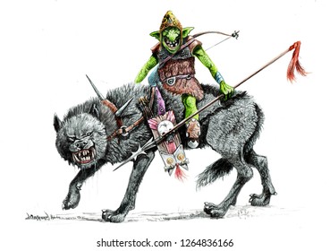 Goblin On The Wolf. Fantasy Illustration.