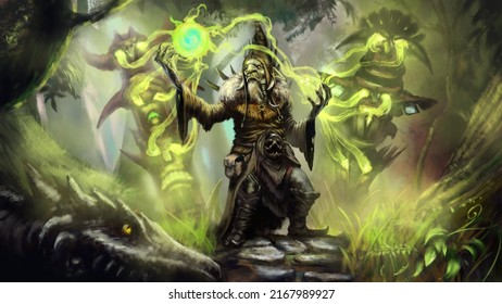 Goblin shaman uses the power of two nature totems to create a magical sphere, around him is a forest, in front of him is the head of a defeated wyvern. Digital drawing style, 2D illustration