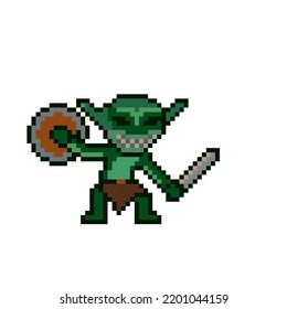 Goblin Warrior, Goblin long ear bringing sword and shield. Pixel art, pixel character game retro for 8 bit. isolated - Powered by Shutterstock