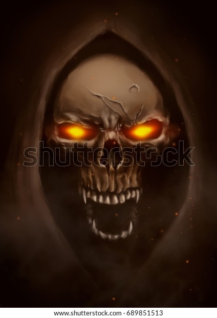 死の神 死の神 死の神 イラストスカイロー ハロウィーンの暗い空想画 炎のような目をした頭巾 のイラスト素材