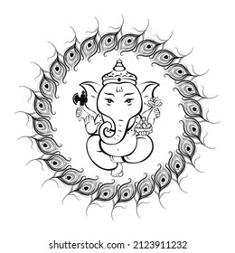 God Ganesha idol with peacock feather for web, mobile and infographics. A black Ganesha idol with black feathers is created on a white background.