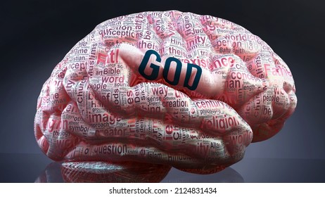 God in human brain, hundreds of crucial terms related to God projected onto a cortex to show broad extent of this condition  and to explore important concepts linked to God, 3d illustration