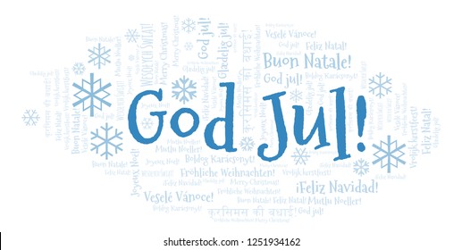 God Jul word cloud - Merry Christmas on Swedish language and other different languages.