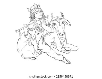 God Krishna plays the flute, a cow and a calf next to him, black line drawing on a white background for graphic design.