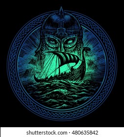 God Odin storm sea and Drakkar . Illustration of a circle. Viking emblem Viking ship. Norse God