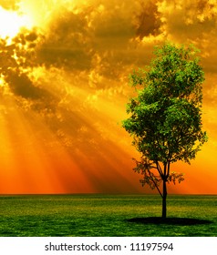 Watercolor Painting Alone Tree On Meadow Stock Illustration 1722586459