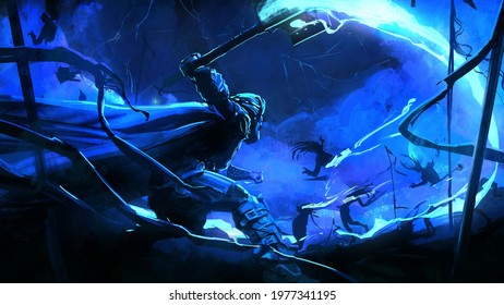 The god of thunder Thor makes a crushing blow with a hammer, smashing the army of demons into pieces, from his blow a trail of lightning and sparks was created, creating a huge vortex of vokurg. 2d 