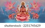 Goddess Lakshmi is sitting on a lotus on a blue lake with flowers