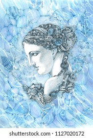 Goddess And Sea. Hand Drawing Pencils On Textured Paper