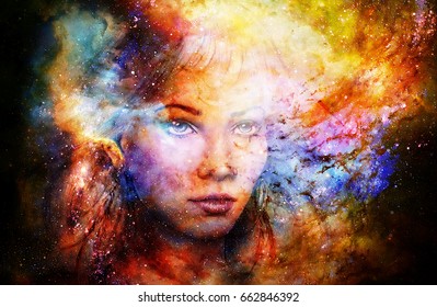 Goddess Woman In Cosmic Space. Cosmic Space Background.