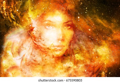 Goddess Woman in Cosmic space. Cosmic Space background. eye contact. Fire effect.