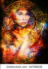 Goddess Woman In Cosmic Space And Zodiac.