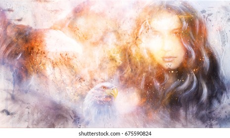 Goddess Woman And Eagles In Cosmic Space. Fire Effect.