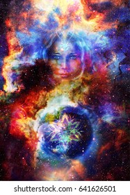 Goddess Woman With Ornamental Mandala And Planet Earth. Cosmic Space Background.