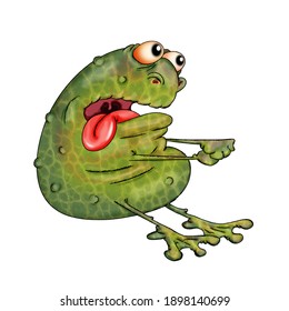 A goggle-eyed toad pulling an imaginary object. Illustration on white background.