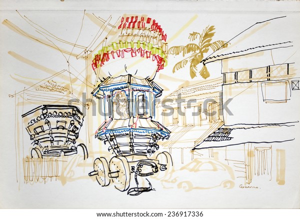 Gokarna,\
Karnataka, India. Vector artistic drawing. Travel sketch. Decorated\
car in the street on Mahashivaratri day.\
Travel