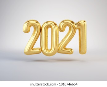 Gold 2021 Balloons. Happy New 2021 Year. Golden Metallic Numbers 2021. 3d Rendering