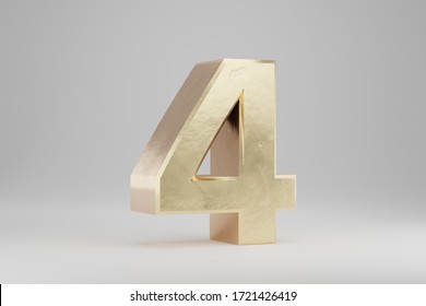 Gold 3d Number 4. Golden Number Isolated On White Background. Golden Alphabet With Imperfections. 3d Rendered Font Character.