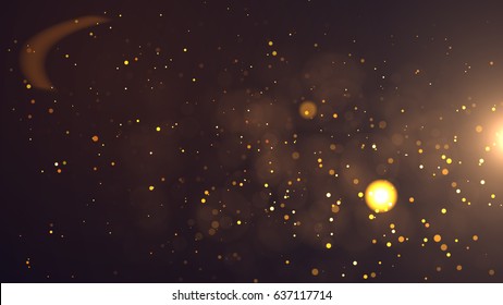 Gold abstract bokeh background real backlit dust particles with real lens flare.