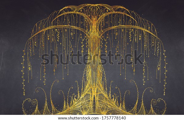 Gold abstract ornamental tree with garlands on a dark grey grunge.