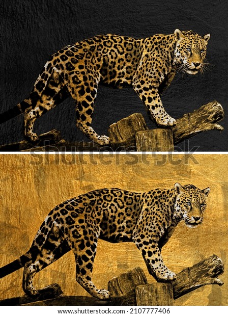 gold abstract painting of cheetah. The texture of the oriental style of gray and gold canvas with an abstract pattern. artist collection for decoration and interior, canvas art.
