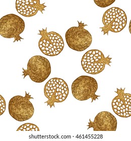 Gold abstract pomegranate pattern. Hand painting glittering background. Fruit glow texture. Floral illustration. Seamless wallpaper, print, textile design. 