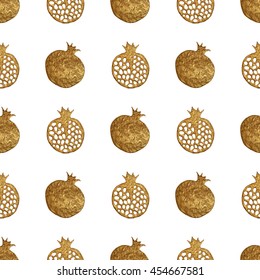 Gold abstract pomegranate seamless pattern. Hand painting glittering background. Summer fruit glow illustration.