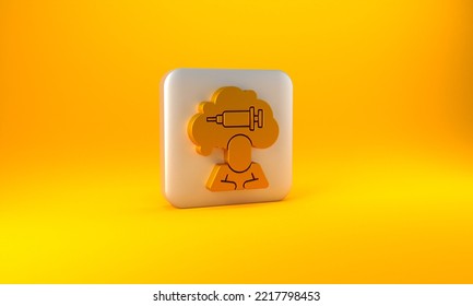 Gold Addiction To The Drug Icon Isolated On Yellow Background. Heroin, Narcotic, Addiction, Illegal. Sick Junkie With A Syringe And Medical Pills. Silver Square Button. 3D Render Illustration.