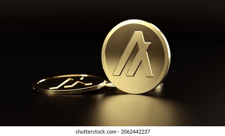 Gold Algorand Coins Isolated On Black. 3d Render.