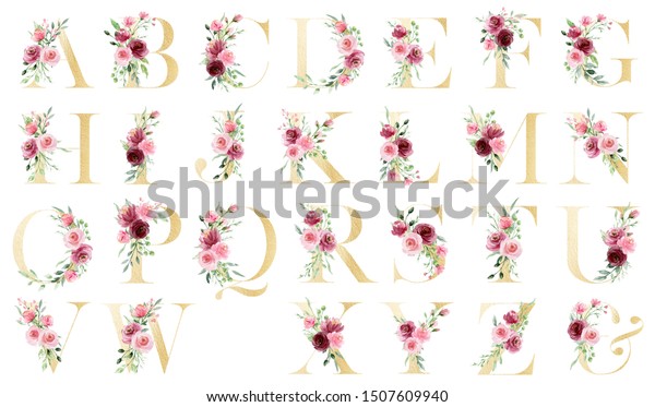 Gold Alphabet Set Letters Watercolor Flowers Stock Illustration ...