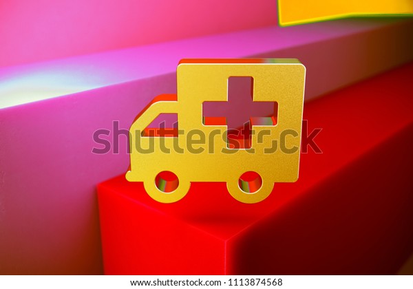 Gold Ambulance Icon on the Candy and Orange\
Geometric Background. 3D Illustration of Gold Ambulance, Car,\
Emergency, Hospital, Transportation Icon Set With Color Boxes on\
Candy Background.