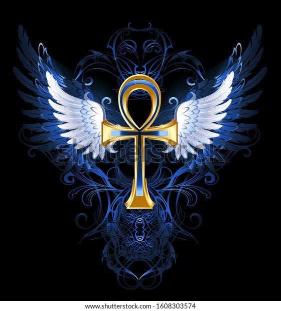 gold ankh with white wings on a dark blue\
patterned\
background.
