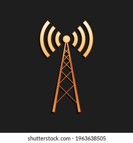 Gold Antenna Icon Isolated On Black Background. Radio Antenna Wireless. Technology And Network Signal Radio Antenna. Long Shadow Style.