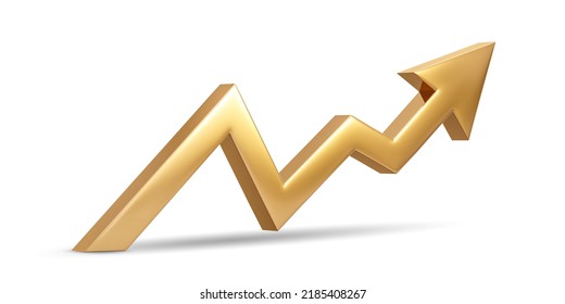 Gold Up Arrow Success Isolated On White 3d Background With Growth Direction Graph Graphic Symbol Or Golden Economy Stock Profit Chart Icon Element And Investment Financial Achievement Market Target.