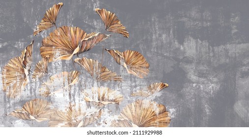 gold art painted leaves on a gray worn texture background, photo wallpaper in the interior of the room