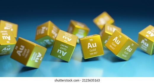 Gold (Au) precious metal used in science and research, healthcare, industry and chemistry. Promotional education periodic element 3D render.