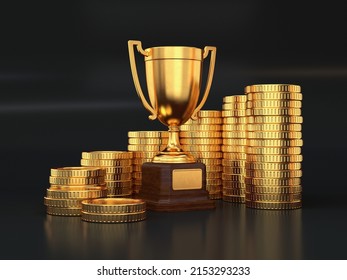 Gold Award Cup And Stacks Of Gold Coins, 3d Render