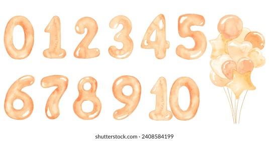 Gold balloon number set for birthday celebration party, nursery or milestones. Hand-drawn watercolor illustration. - Powered by Shutterstock