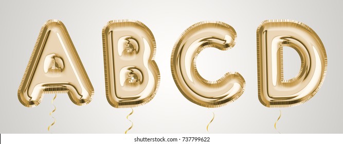 Gold Balloon Set A, B, C, D Made Of Realistic 3d Illustration Metallic Air Balloon. Collection Of Balloon Alphabet  Ready To Use For Your Unique Decoration In Several Occasion.