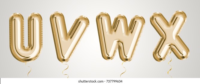 Gold Balloon Set U, V, W, X Made Of Realistic 3d Illustration Metallic Air Balloon. Collection Of Balloon Alphabet  Ready To Use For Your Unique Decoration In Several Occasion.