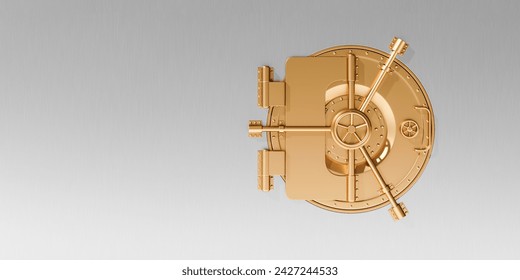 Bóveda de banco dorado, caja fuerte sobre fondo gris vacío. Concepto de espacio seguro donde se almacena dinero, objetos de valor, registros y documentos. Ilustración de representación 3D