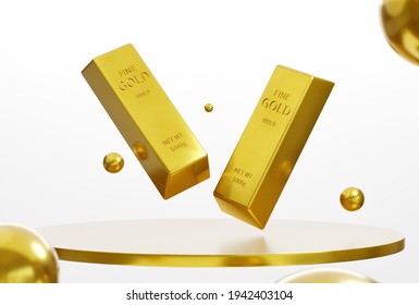 Gold Bar On The Presentation Stand On A White Background, Wealth Concept, Treasure, And Trading, Investment, 3D Rendering