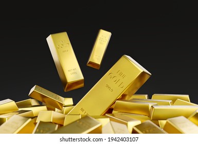 Gold Bar Stack On Black Background, Wealth Concept, Treasure, And Trading, Investment, 3D Rendering