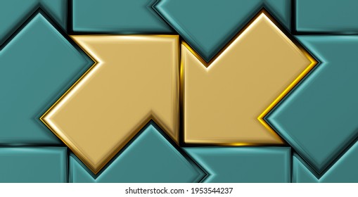 Gold bars. Arrows. Arrays. Pattern background. Gold reserves. Investment. Tiles. Template for web design or wrapping. Banking. Rich lifestyle. Luxury background. Blue green. 3d render.