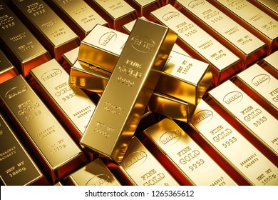 Gold Bars In Bank Vault. Storage. 3d Render